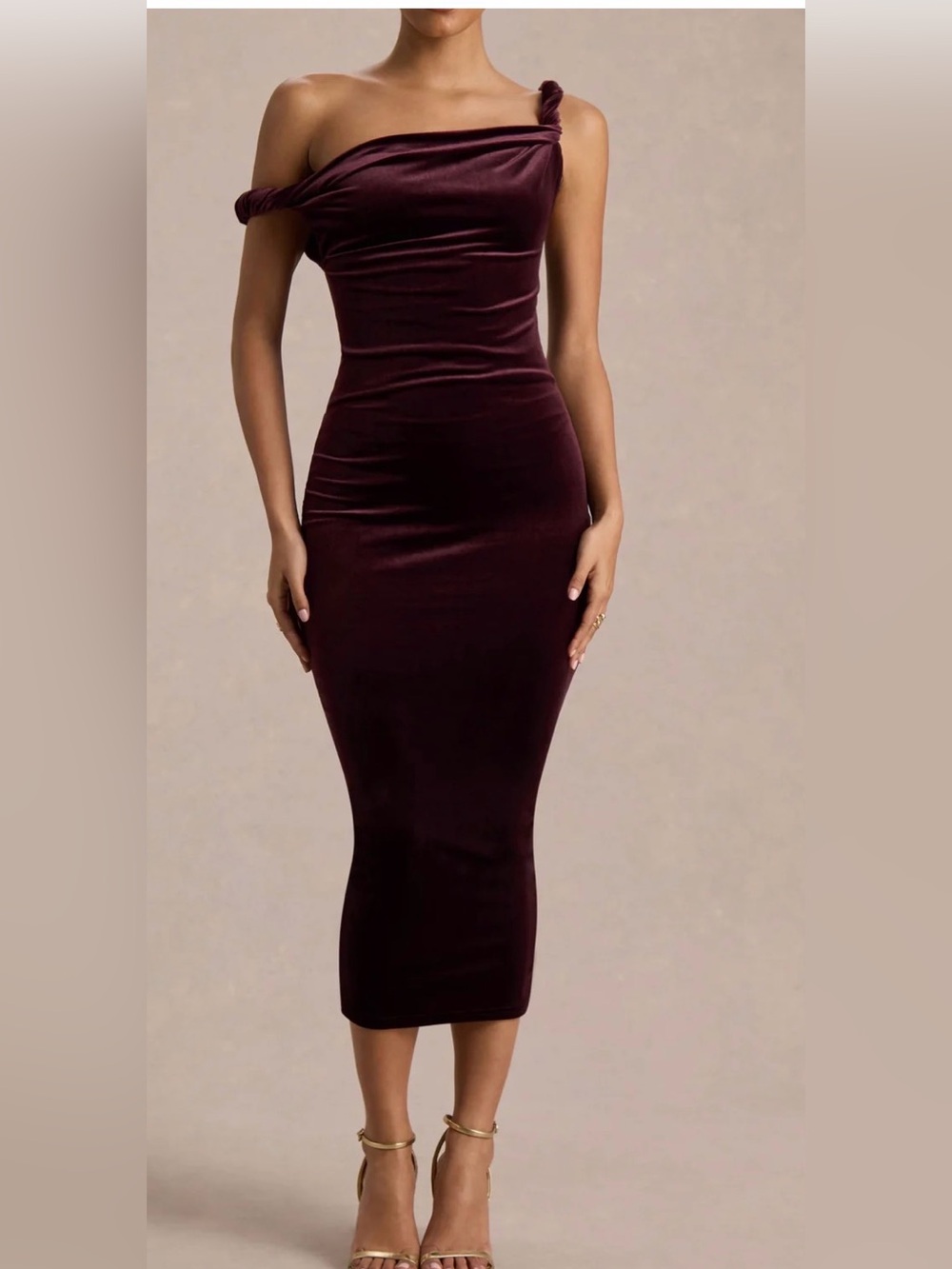 Women’s Velvet Bodycon Midi Dress in Deep Burgundy